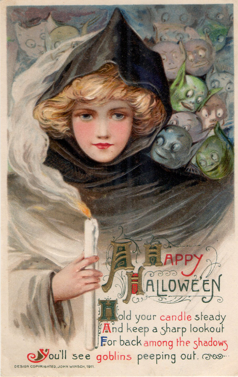 Halloween Girl with candle and goblins on her shoulder antique postcard