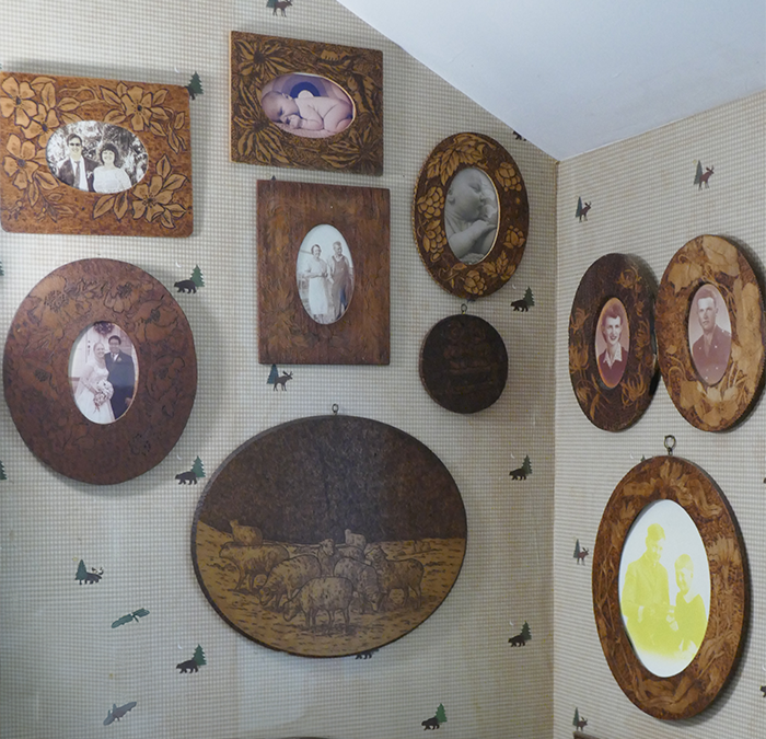 a complete wall of frame created by pyrography