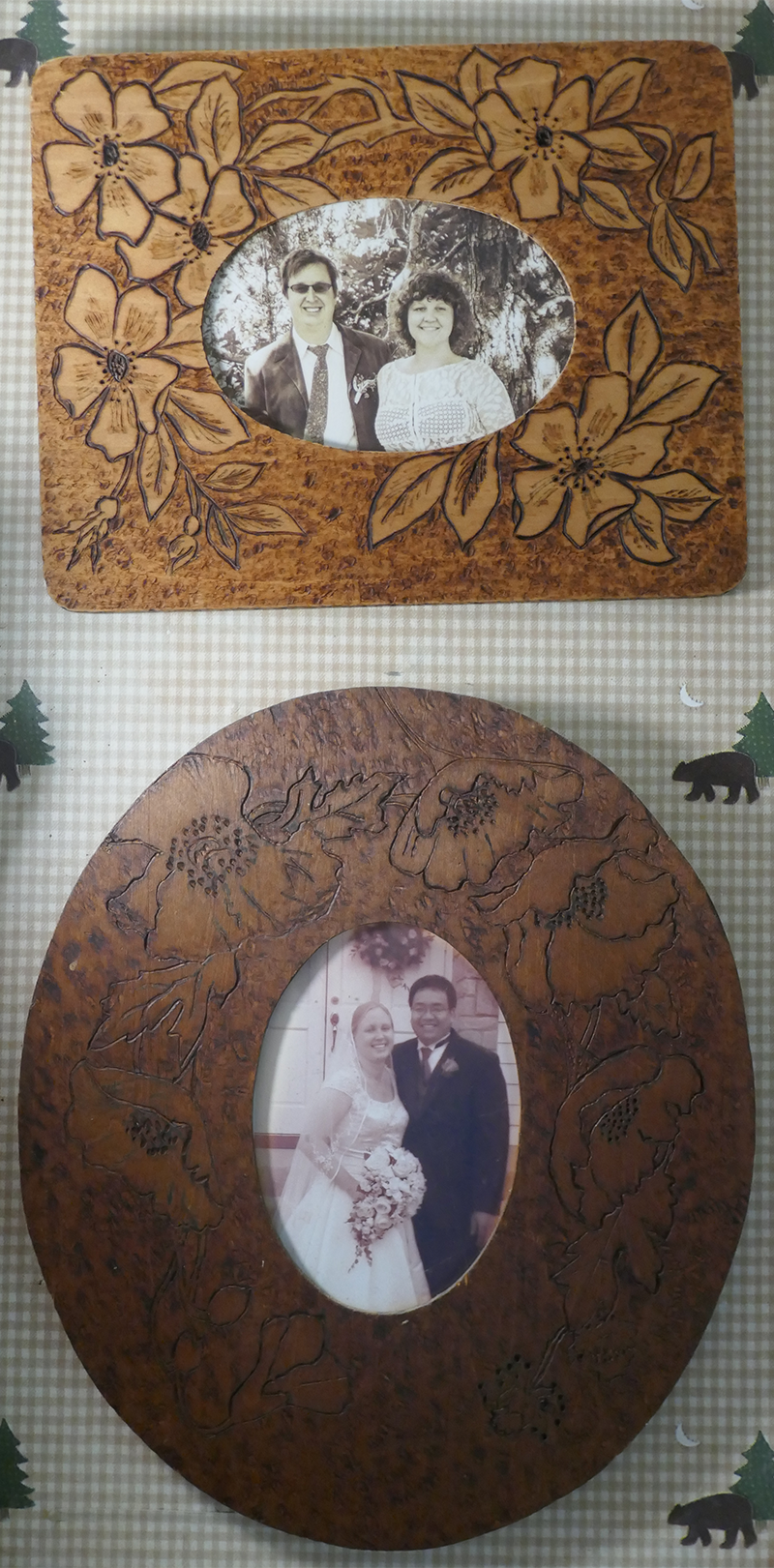 Two picture frames created with pyrography