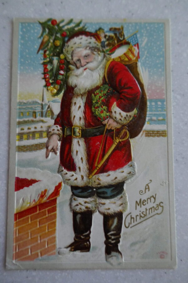 Santa ready to go down the chimney antique postcard