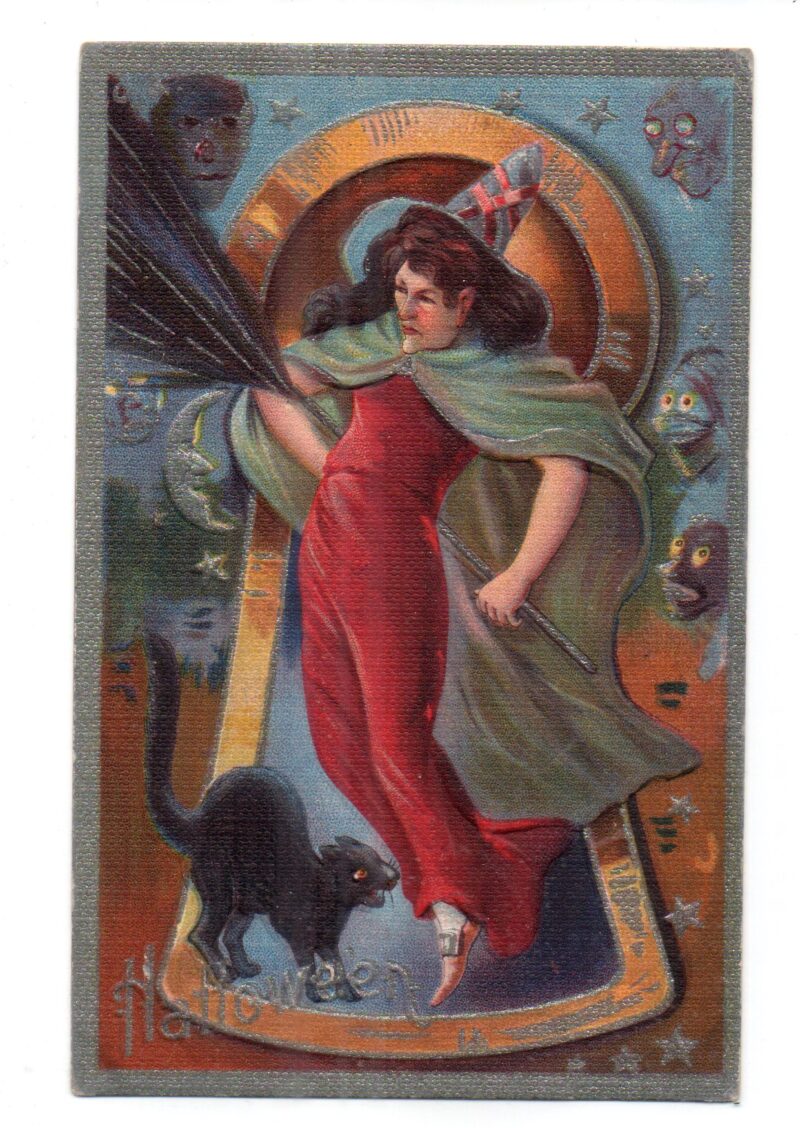 Witch with Cat in keyhole antique postcard