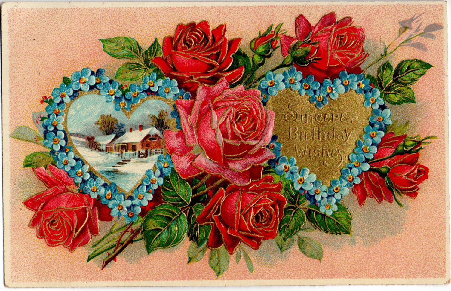 Roses Birthday antique postcard