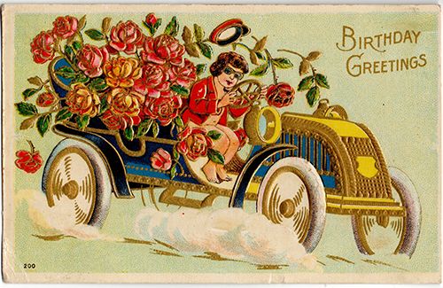 Woman in care of rose anitque birthday card